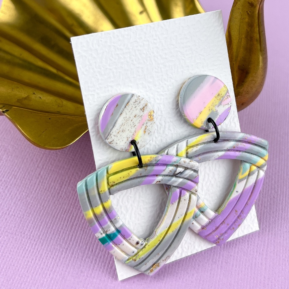 Colourful Marble Pattern Dangle Hoop Earrings Handmade Polymer Clay
